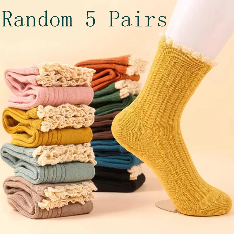 Random 5 Pairs Candy-colored Socks Women's Mid-tube Japanese Autumn Winter Mid-thick Korean Fashion Personality Sock Kawai Style