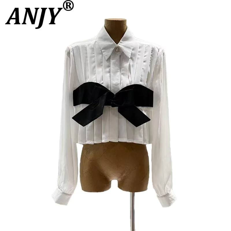 

ANJY Spring Autumn New Women Korean Style Design Color Block Elegant Casual Shirts High-End Fashion Trendy Pleated Blouse A19994