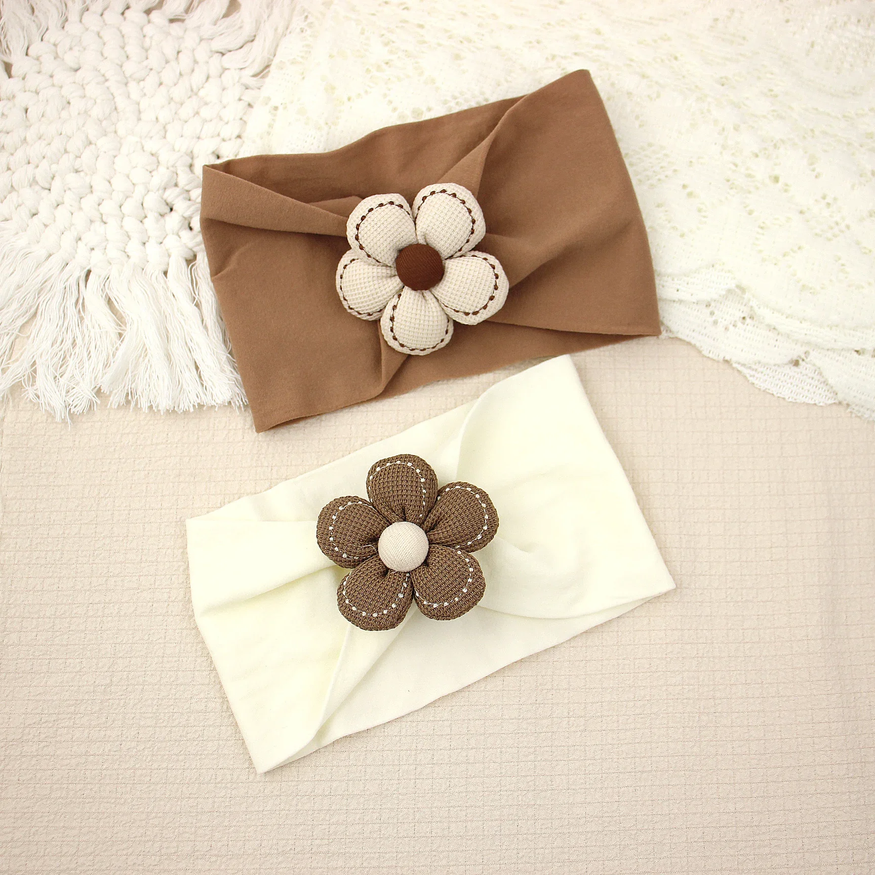 

2pcs/set Little Flower Nylon Wide Headband for Newborn Hair Accessories Solid Turban Headwrap Baby Girls Hair Floral Headbands