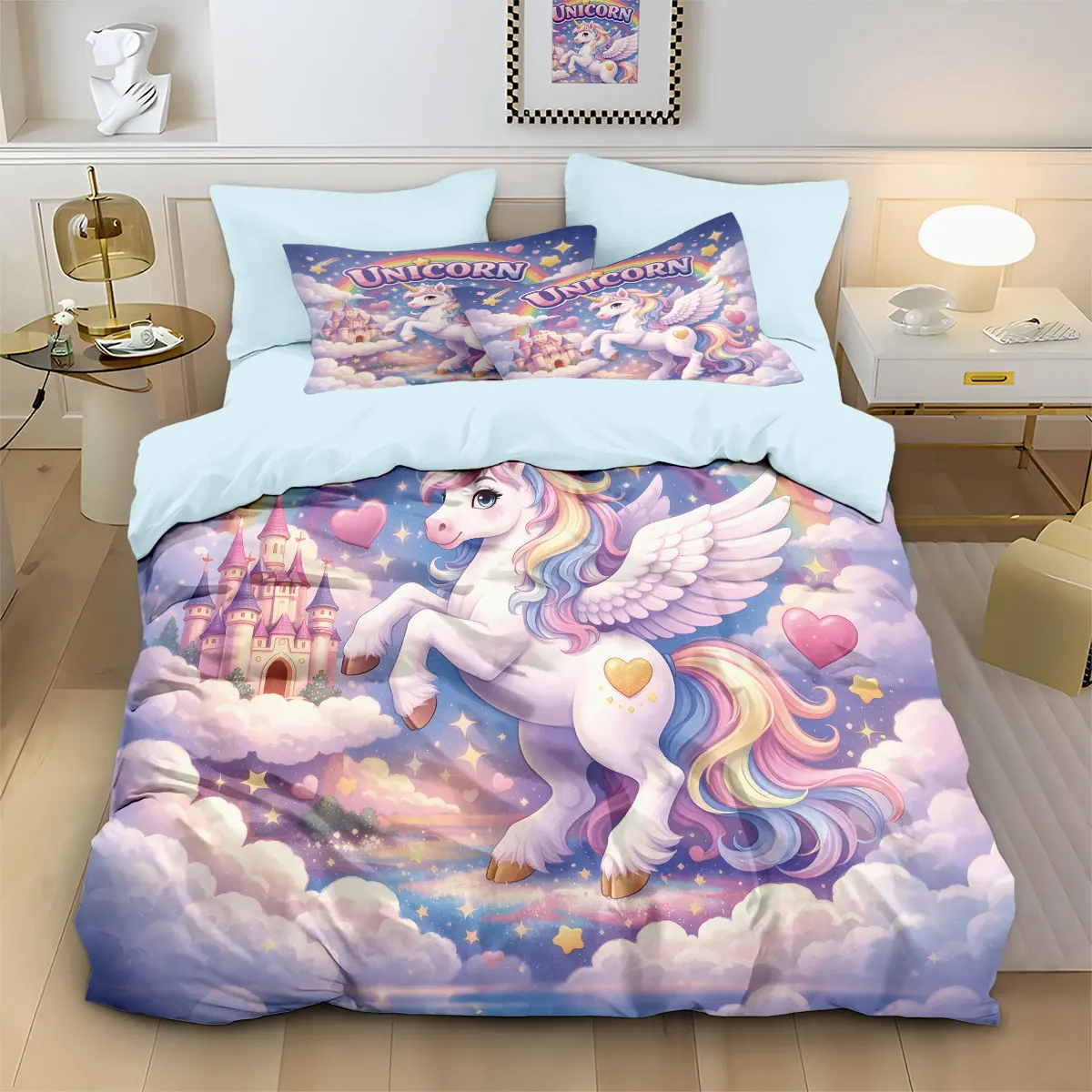 

3pcs Dreamy Pink Unicorn Print Coreless Duvet Cover Set Multiple Sizes Soft And Comfortable Bedding Decoration, Machine Washable
