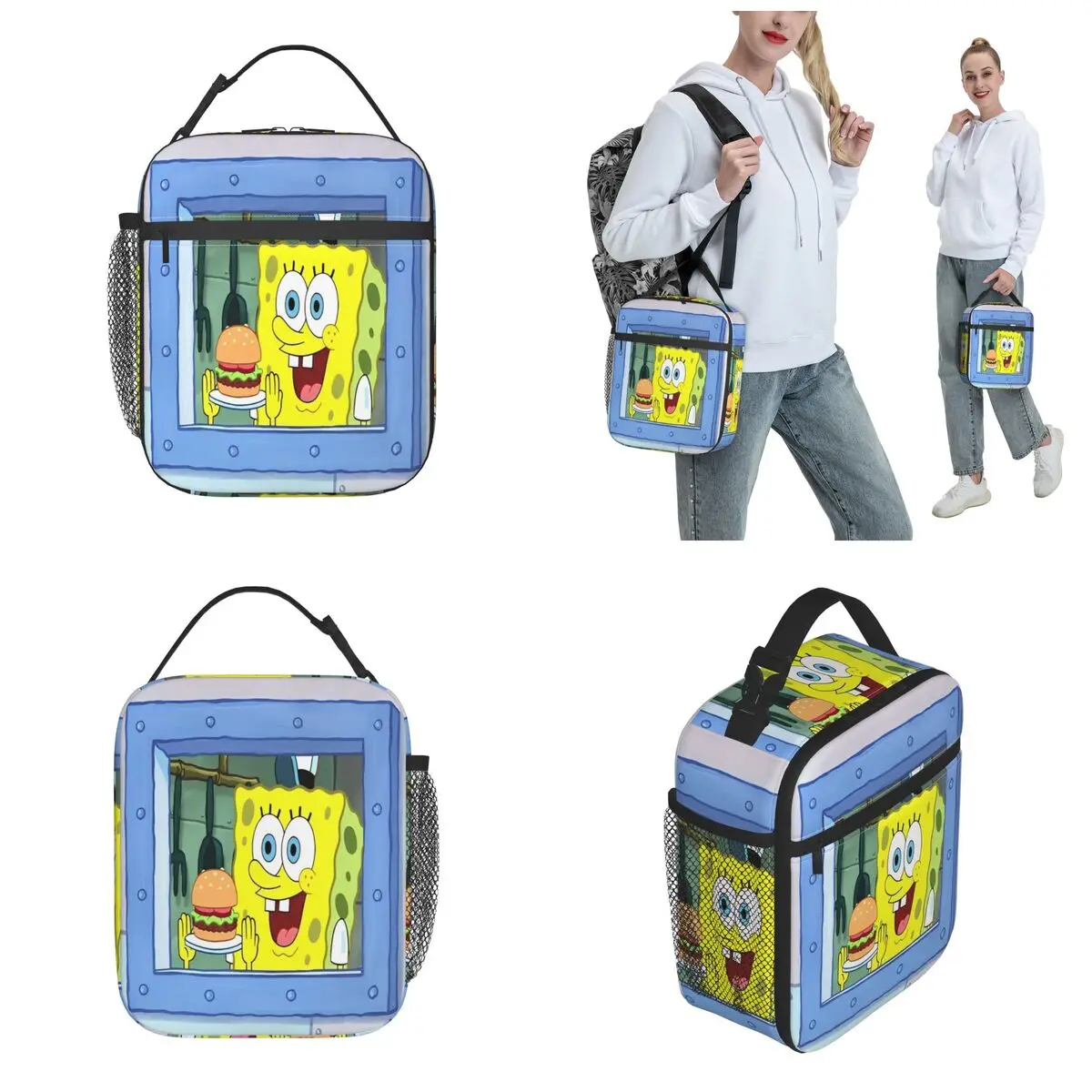 SpongeBobed Cartoon Anime Insulated Lunch Bag Storage Food Box Portable Thermal Cooler Lunch Box For Picnic