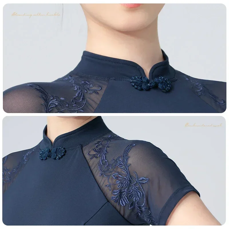 Classical Dance Leotards Adult Stand Collar Dance Chinese Knot Buckle Embroidery Women Ballet Dance Leotard Gymnastics Bodysuit