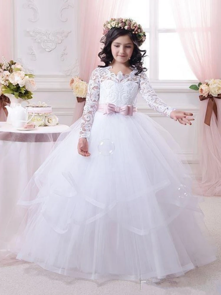 

White Flower Girl Dresses Tulle Appliques With Pink Bow Long Sleeve For Wedding Birthday Party First Communion Gowns