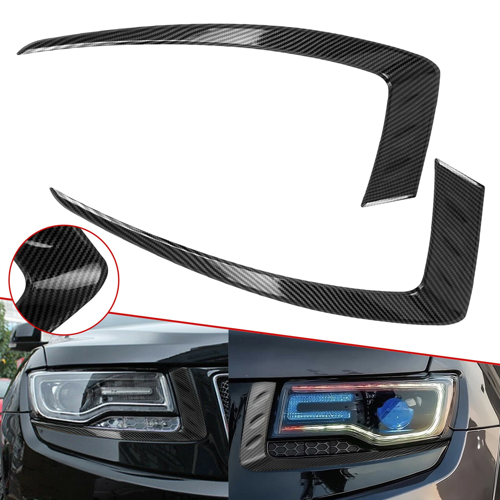 1Pair Carbon Fiber Style Headlight Eyelid Headlamp Eyebrow Overlay Cover Molding Trim For Jeep Grand Cherokee 2014 2015 2016