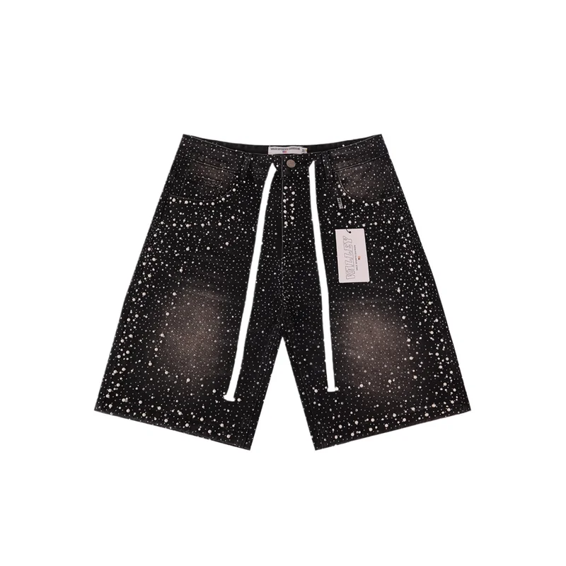 

Мужские летние джинсовые шорты с жемчугом, модные, в стиле Y2K, свободного кроя, с термостразами и стразами