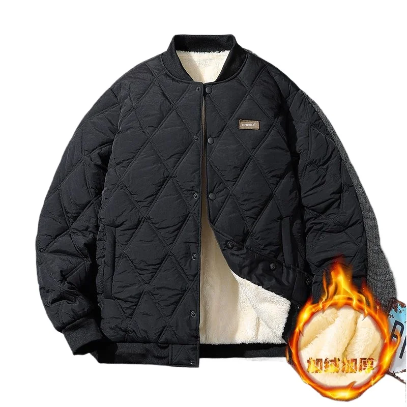 

Мужская зимняя куртка-парка унисекс с ромбовидным узором, утепленная хлопком, повседневная, толстая, с воротником из овечьей шерсти, универсальная, винтажная, в стиле бейсбольной куртки, защита от холода