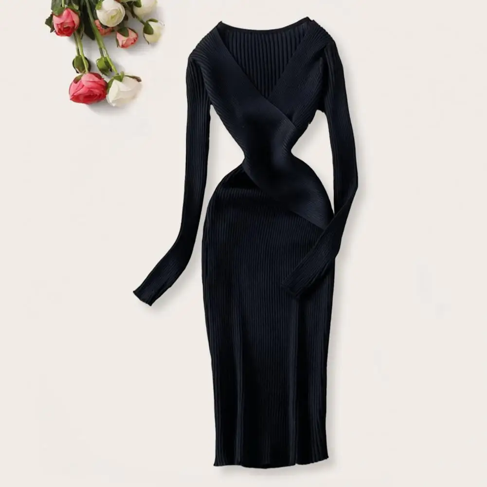 Women Warm Dress Women Casual Dress Vintage-inspired Knitted Midi Sheath Dress Flattering V Neck Elastic Waist Long for Women's