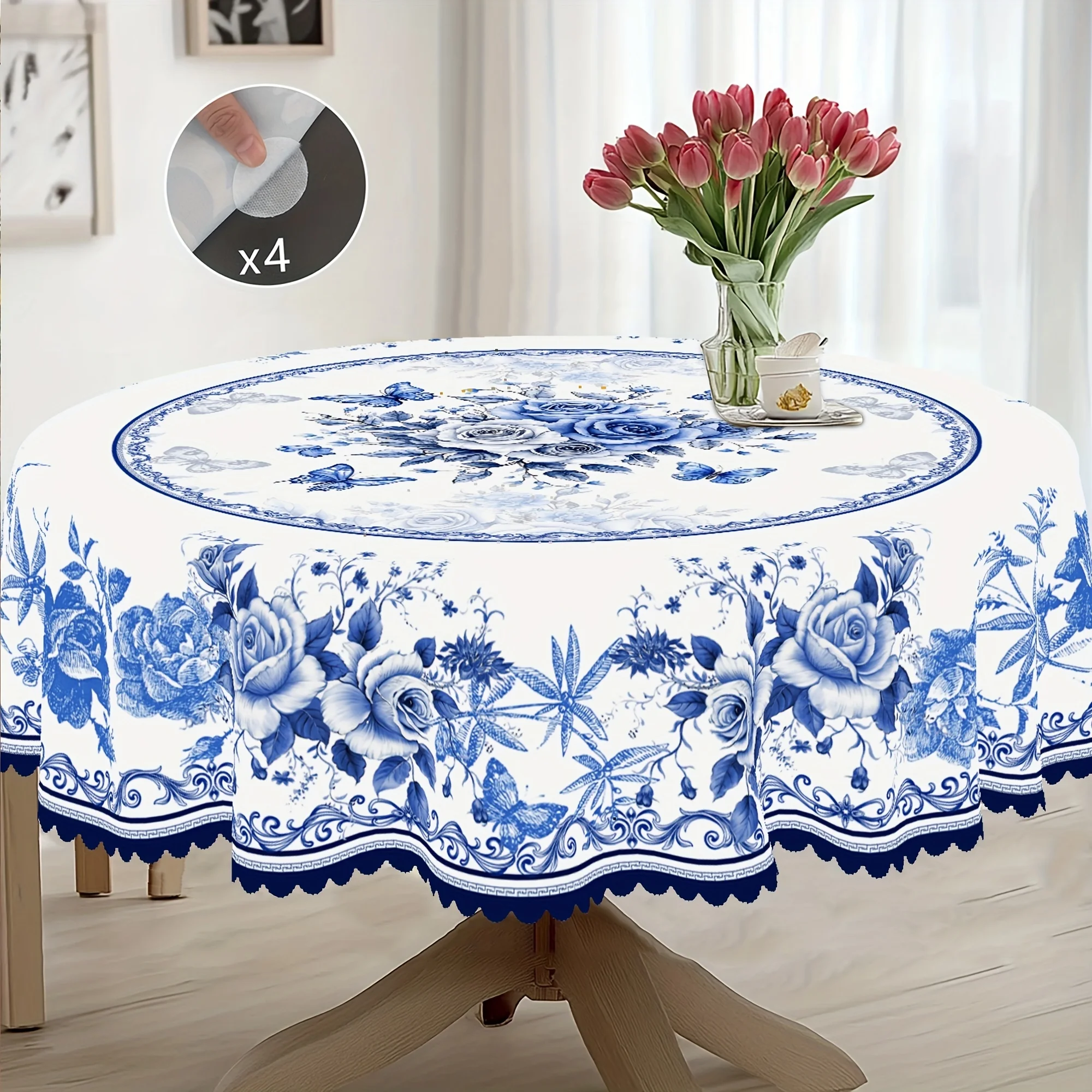 1 Tablecloth, Oriental Farmhouse Style, Blue White Floral Pattern Design, Rectangular Circular Tablecloths+4 Anti Slip Stickers,