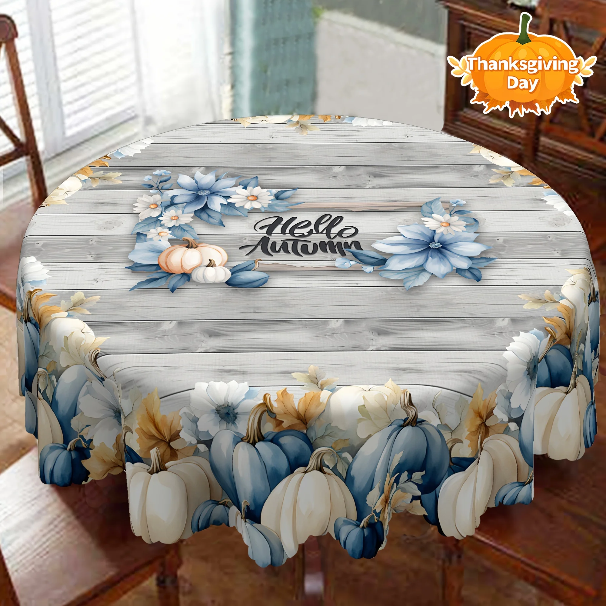One autumn Thanksgiving blue pumpkin tablecloth, retro wood-grain polyester tableclothzyc