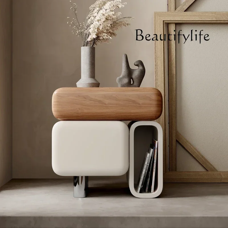 

Italian minimalist creative bedside table walnut leather storage designer wabi sandy wind small apartment bedroom bedside table