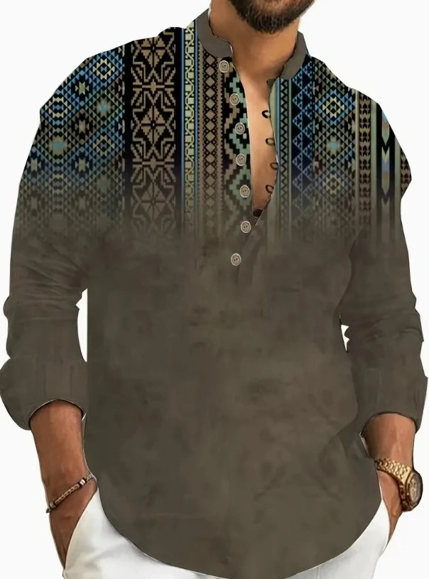 قميص كاجوال بأكمام طويلة وياقة هنري للرجال جديد بطباعة عرقية عالية الجودة يناسب كل يوم. #3