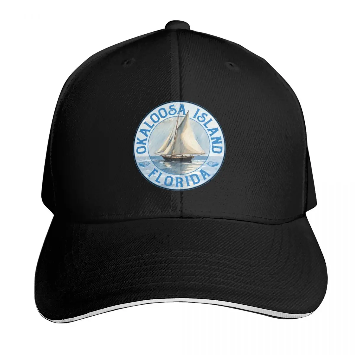 Okaloosa Island Florida Vintage Sailboat Design Baseball Cap Strapback Dad Hat Six Panel Structured Crown Sun Protection UPF 50+
