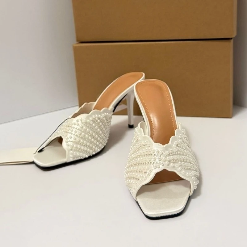 Pearl Beaded Women Mules Square Toe Stiletto High Heel Slides Elegant Sandals Summer Footwear for Wedding Party Daily Wear