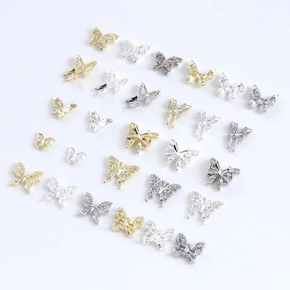 10Pcs/lot 3D Butterfly Alloy Nail Charms Bow-knot Design Jewelry Luxury Gold Silver Hollow Nail Art Decoration Accessories Bulk