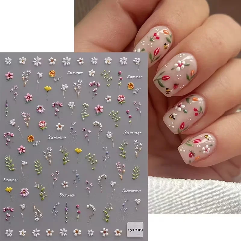 1 個 5D デイジー & ワイルドフラワー エンボスネイルステッカー 鮮やかな色 花柄 自己粘着デカール DIY マニキュア 完璧なホリデーギフト