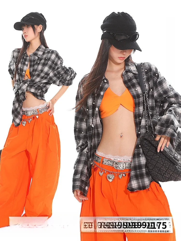 

ex Loose Casual Plaid irt Vintage Pearl Loose Hem Long Sve Regular Length Summer 2025 Faion Ladies' Premium irt
