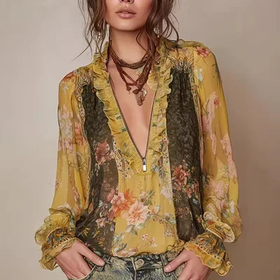 

Vintage Boho Women's Floral Print Blouse Sexy V Neck Zip Front Ruffle Trim Long Sleeve Top Casual Summer Beach Shirt and Blouse