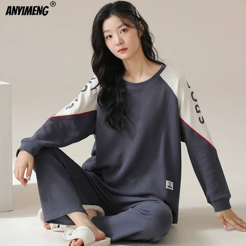 New Autumn Winter Waffle Cotton Pajamas for Women Long Sleeves Sleepwear Casual Sports Pijamas O-neck Woman Loungewear