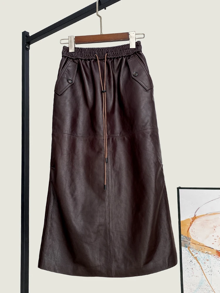 Spring New High Quality Genuine Leather Skirt Women's Waist Lace-up Hip Top Layer Sheepskin Midi