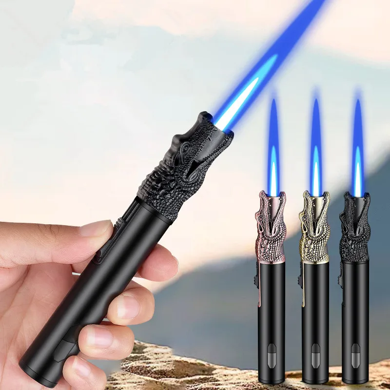 

Новая бутановая газовая зажигалка с металлическим корпусом, трехмерным рельефом, прямая ветрозащитная зажигалка, прижигалка для сигар