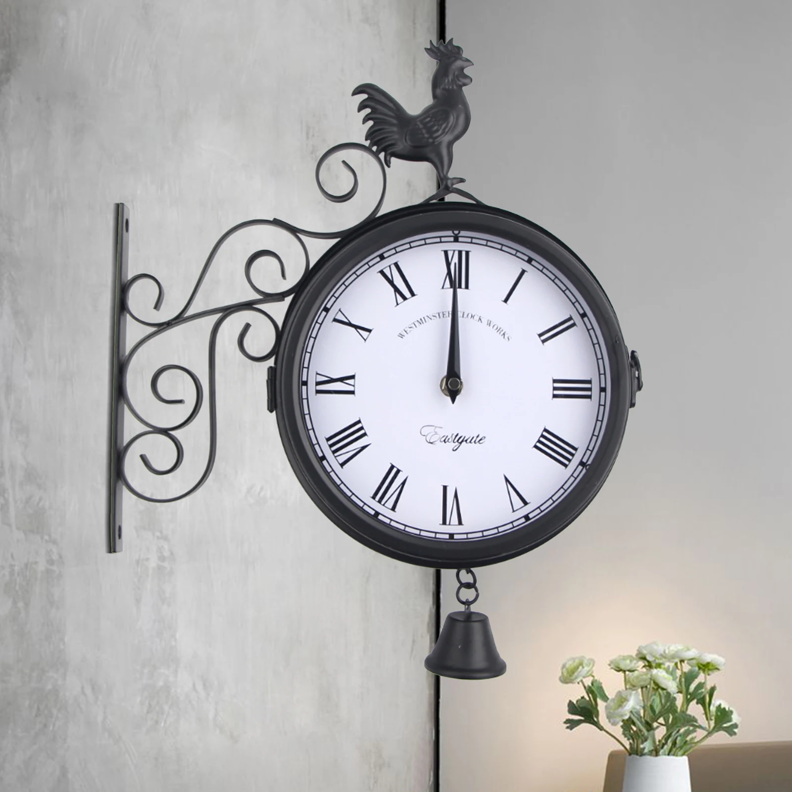 Retro Wall Clock Outdoor Garden Porch Decorative Double-Sided Station Clock Metal Black Living Room Decoration