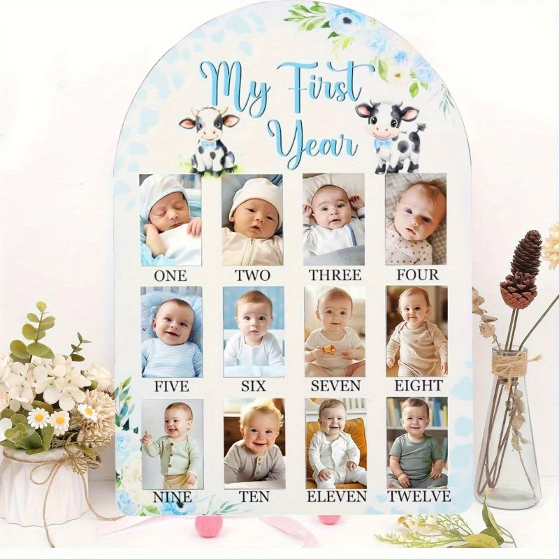 Cow Themed My First Year Photo Frame, Blue Baby's First Year Picture Frame, Newborn 12 Months Baby Boy Milestone Memories
