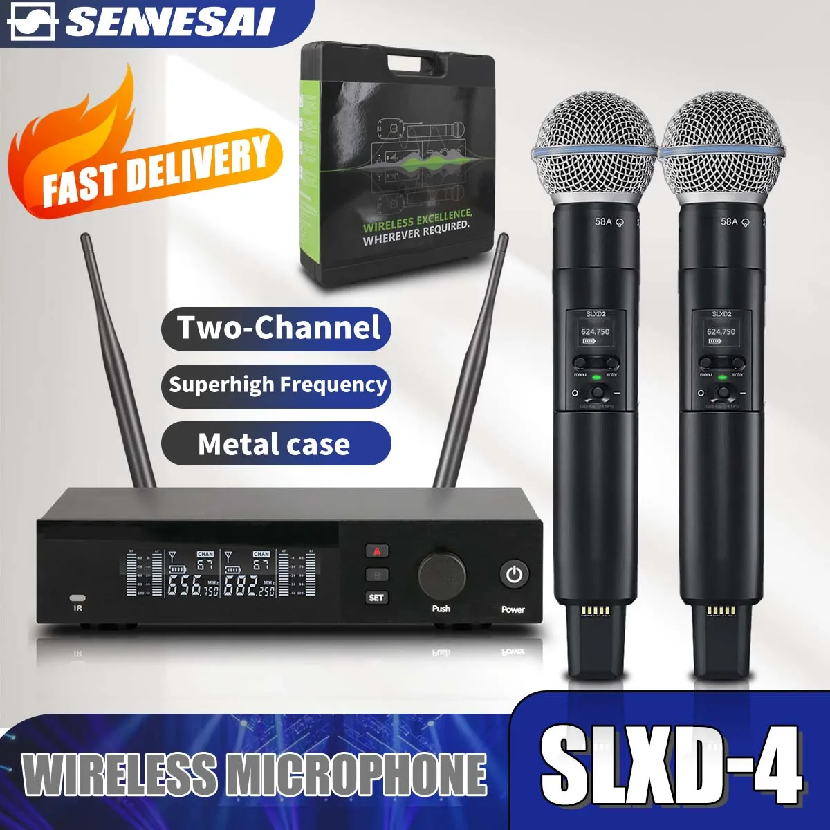 Top Quality！SLXD4 Professional Dual Wireless Microphone Stage Performance 2 Channels 600-699MHz UHF Karaoke Metal Handheld SLXD2