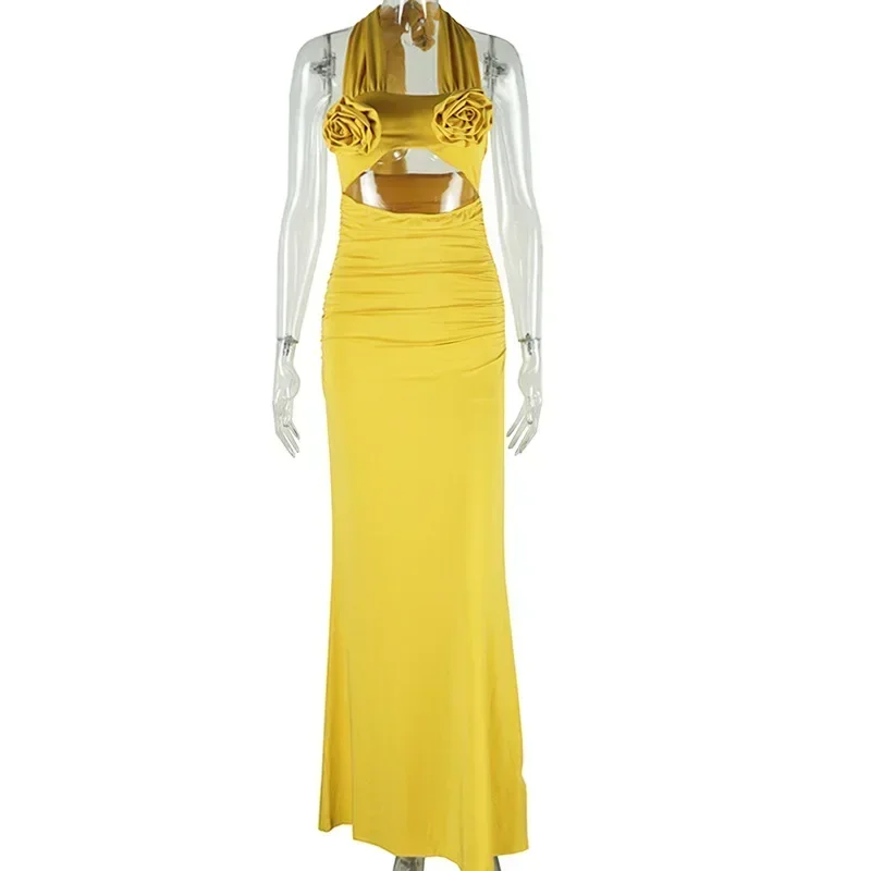 Womens Dresses 2025 Spring Three Dimensional Floral Decor Hanging Neck Sleeveless Casual High Waist Hollow Ruched Long Dress