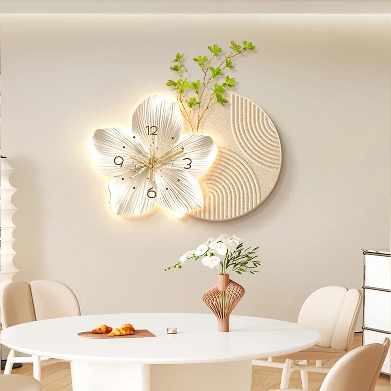 New restaurant decorative painting cream wind clock flower clock living room TV background wall hanging picture with clock