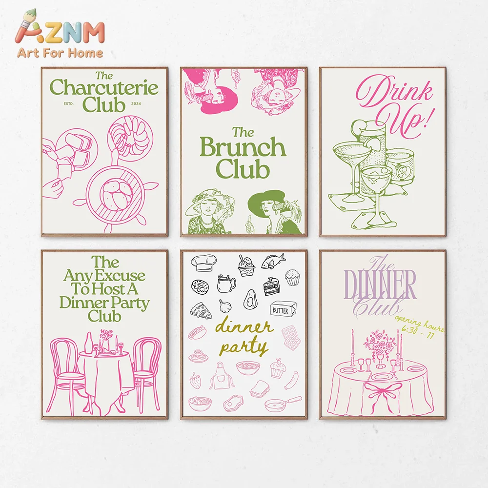 AZNM Pastel Brunch Dinner Club Canvas Poster Frameless Wall Art Pink Green Line Drawing Wine Food Party Quote Print For Kitchen