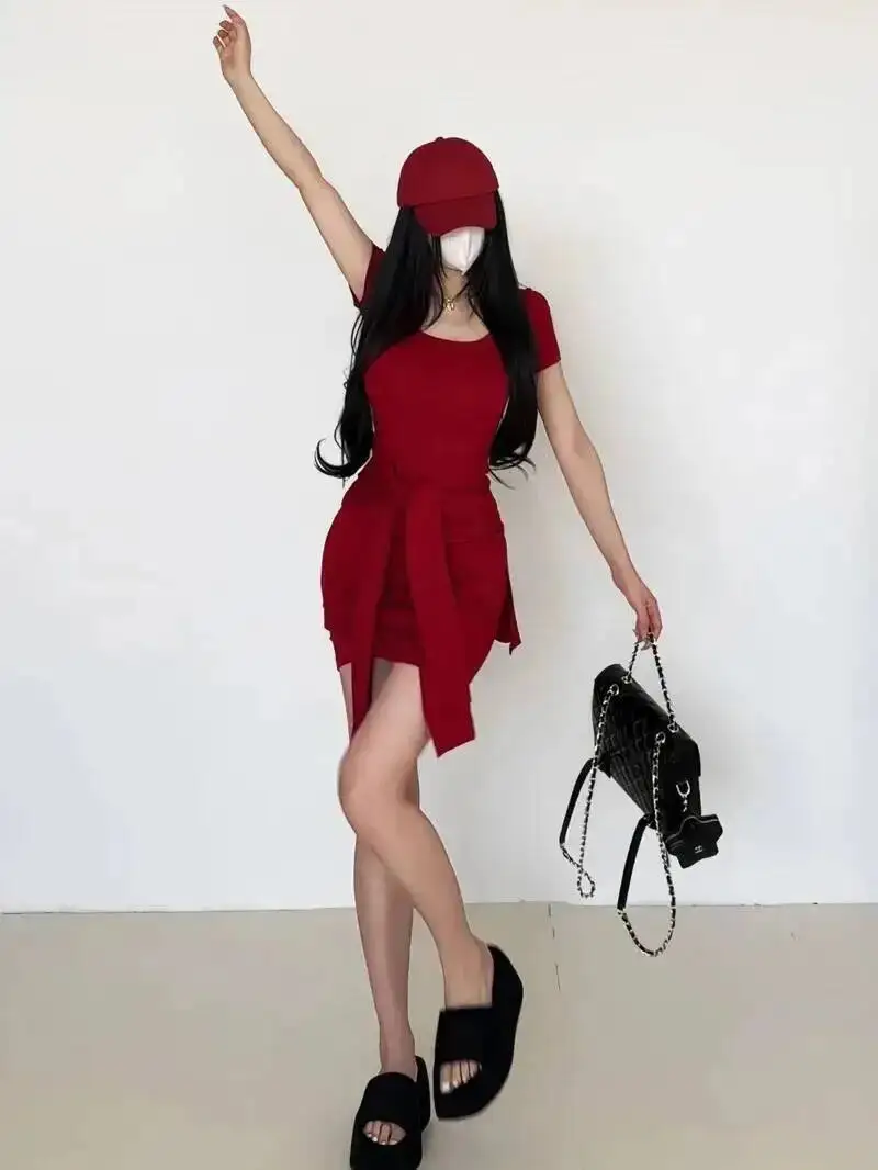 グレー半袖タイドレスエレガントな女性のための夏の韓国スタイルの高級感スリムハイウエストショートドレス T シャツ 9PBN