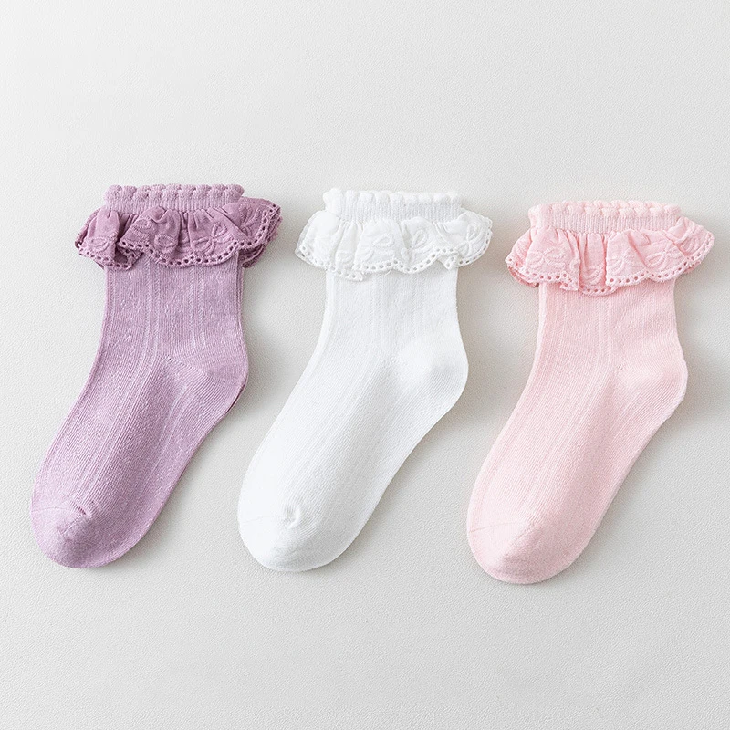 Spring Autumn Cotton Frilly Dance Toddler Short Ankle Stockings Kids Girls Cute White Princsee with Ruffles Lace Sock for Baby