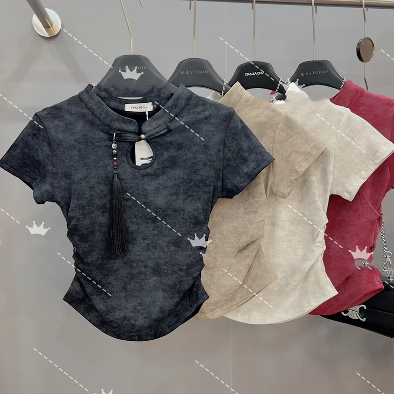 

spring style design, retro shoulder short sleeve t-shirt, women's summer smudge top T-shirt jacket women's buckle top