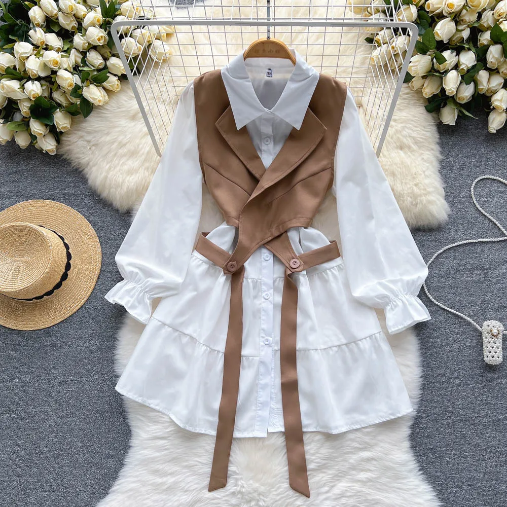 2020 Autumn Women white Ruffled Long Sleeve Shirt+black V-Neck Pullover Sleeveless Vest Office Casual Khaki Vest 2 Piece Set