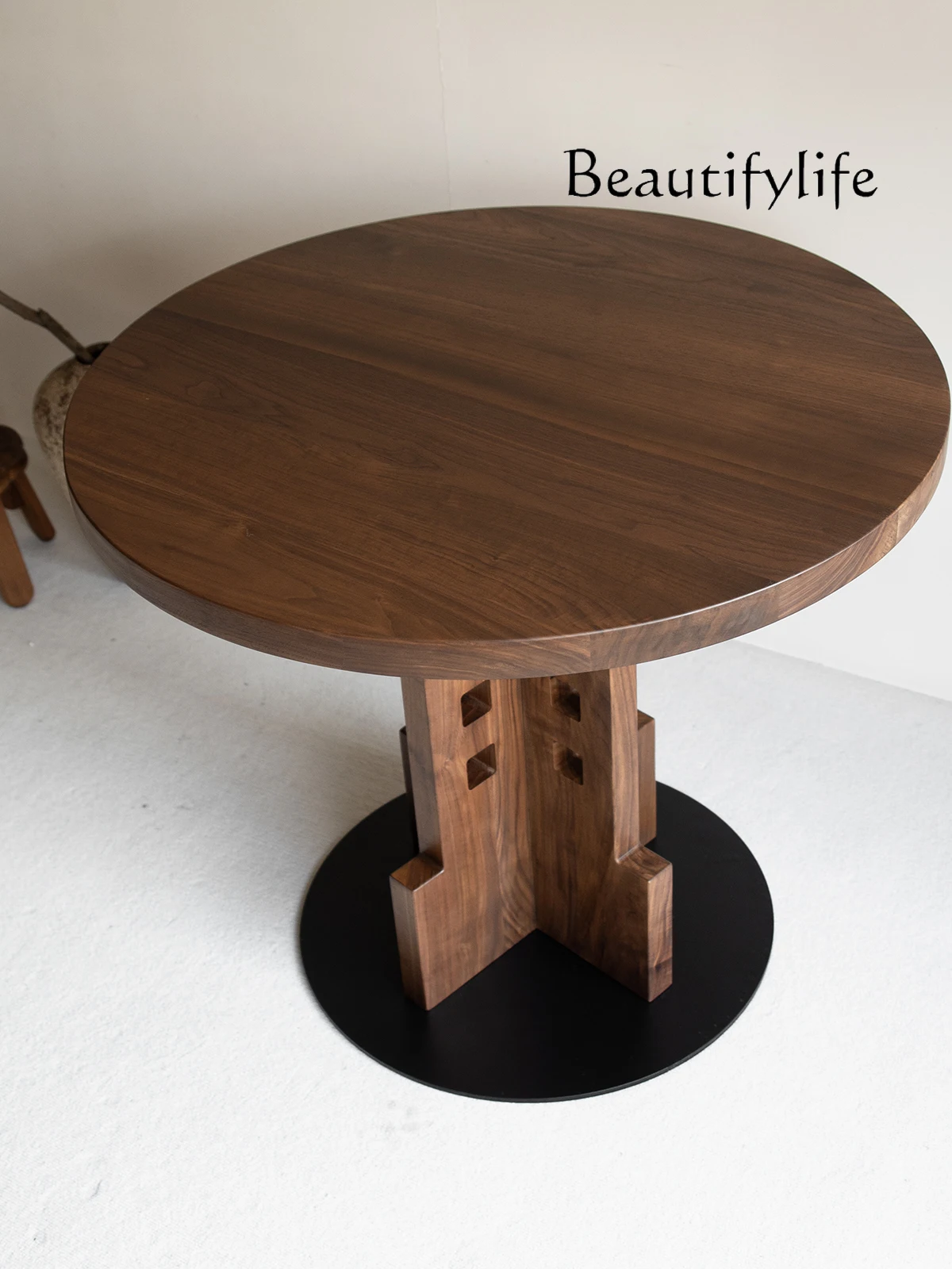 Solid Wood round Dining Table | Nordic Mid-Ancient Style | Black Walnut Thick Desktop