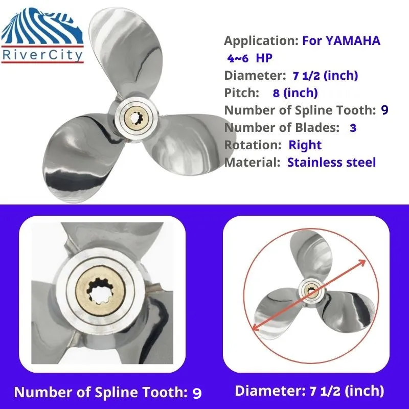 For Yamaha F4 F5 F6 Outboard Propeller 7 1/2x8 Boat Motor Stainless Steel Screw Ship Marine Engine 3 Blade 9 Spline