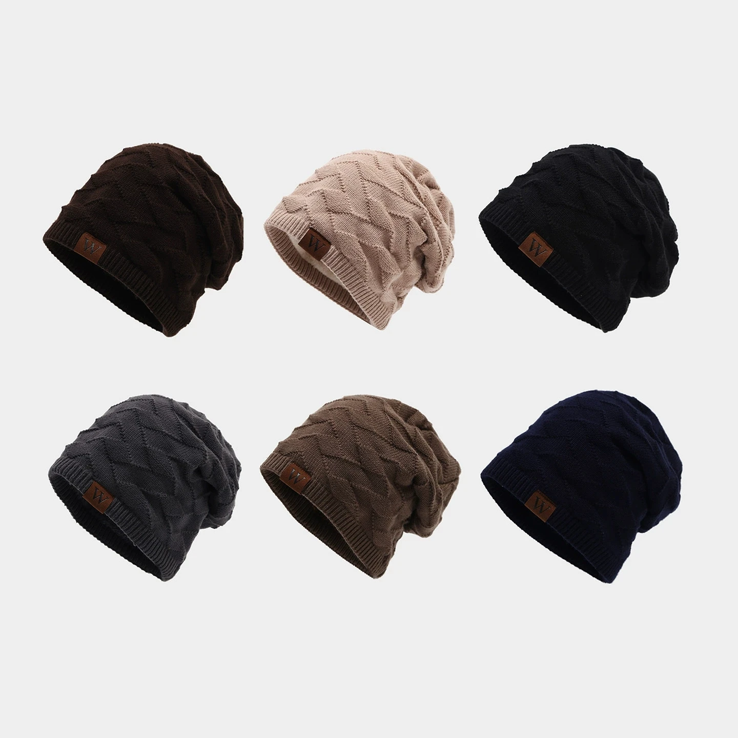Winter Fleece Lined Thick Cable Knitted Slouchy Beanie W Leather Patch Warm Knitted Hat Unisex Cold Weather Skull Caps