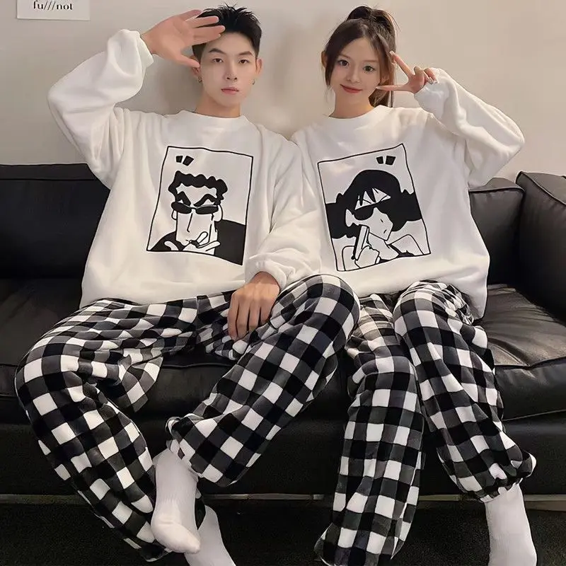 Anime Crayon Shin-Chan Couple Pajamas Set Fall Winter Men's and Women's Flannel Home Clothes Thick Warm Sleepwear Christmas Gift