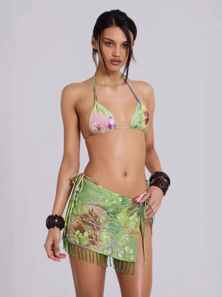 

New Fashion 3d Flower Shinny Sequin Beaded Tassel Vest Mini Set Women Sexy Halter Crop Slim Skirt Suit Summer Lady Beach Outfits
