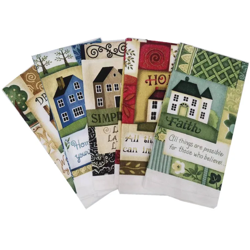 1Pc 38x63cm Vintage Colorful House Printed Cotton Tea Towel Kitchen Dishcloth Cleaning Tool New Year Gift