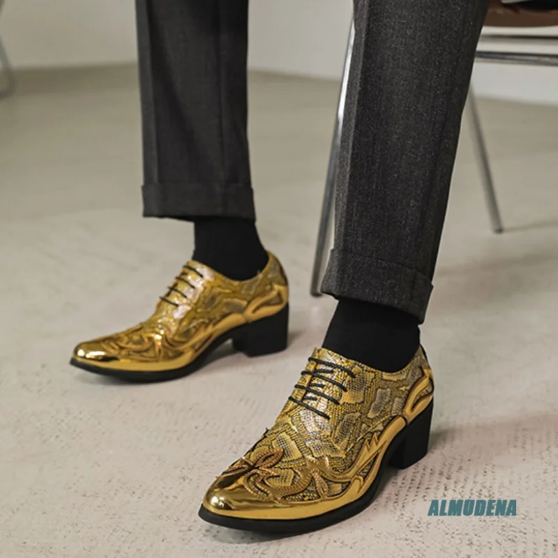 Gold Metallic Sequin Men's Pointed Toe Block Heel Lace-Up Oxford Shoes Snake Pattern Urban Party Stage Wedding Dress Shoes