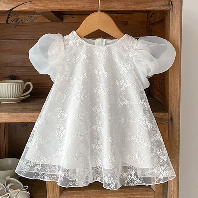 Princess Kids Baby Girls Summer Dress Solid Color Baby Girl Dress Short Sleeves Girls Dress Sweet Flowers Girls Party Dress