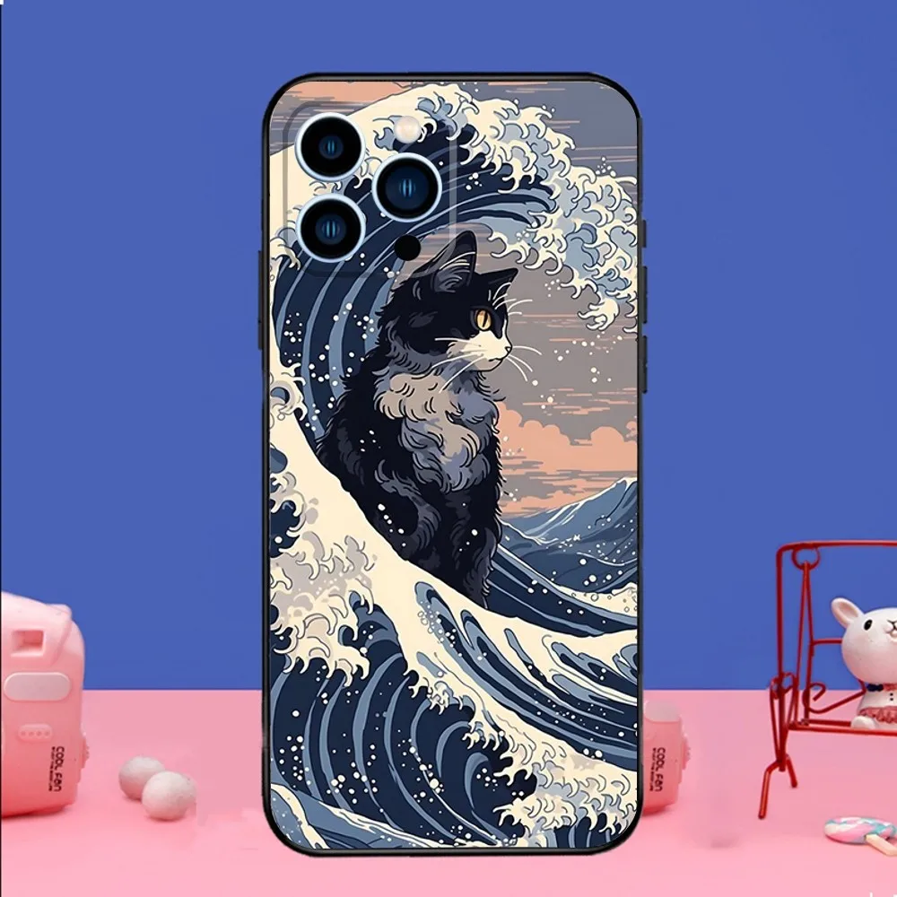 Japan Style Ukiyo-e Phone Case For iPhone 16 15,14,13,12 Mini 11 Pro XR,X,XS,MAX,7,8 Plus Silicone Cover Soft black