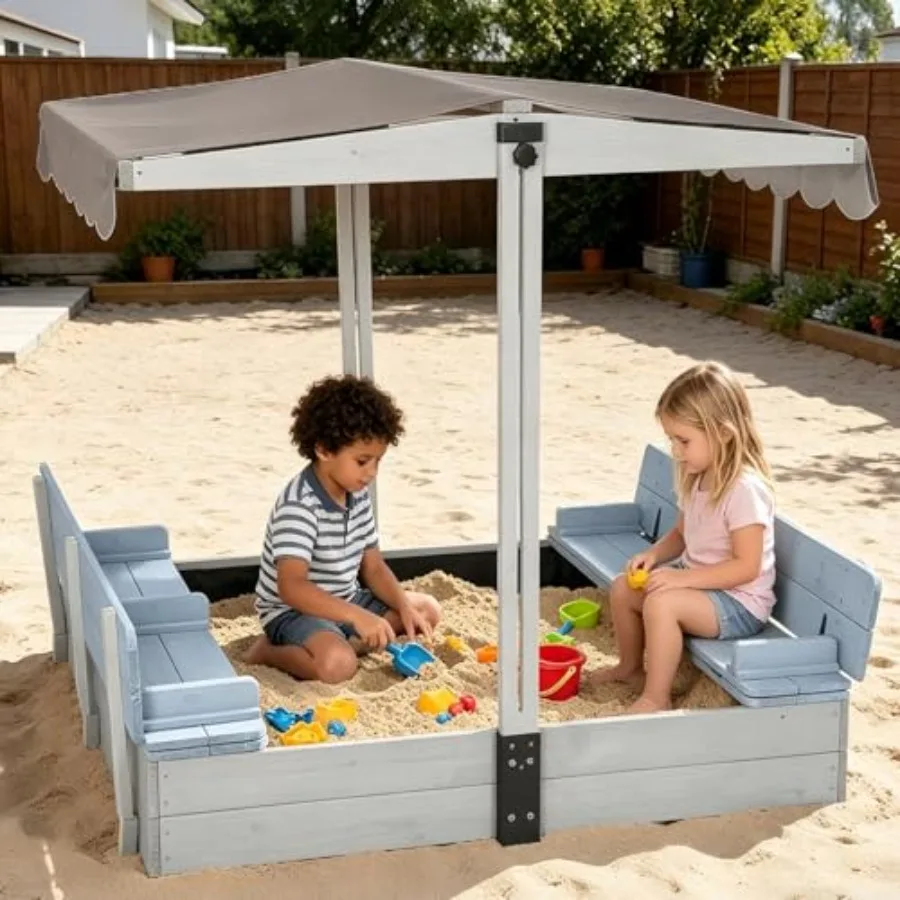 Backyard sandbox for 4 children, UV-resistant canopy, beige HDPE plastic, adjustable 0 roof with 2 convertible bench seats and
