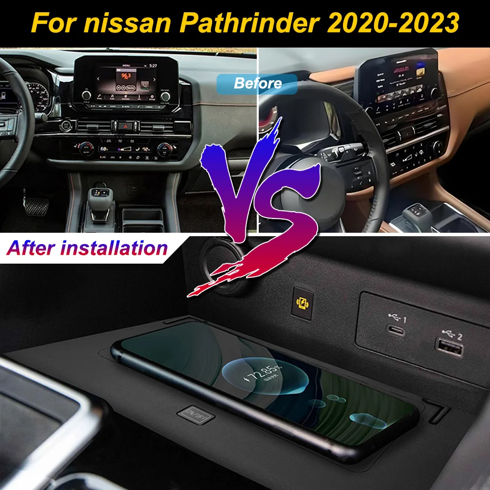 2 Din for Nissan Pathrinder 2020-2023 Car Wireless Mobile Phone Charger Center Console Storage iphone fast charge plate holder