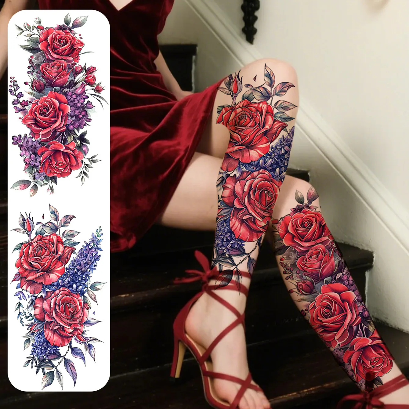 2pcs Red Purple Flower Temporary Tattoo Stickers for Women, Waterproof & Long Lasting Fake Tattoo for Arm, Leg & Chest