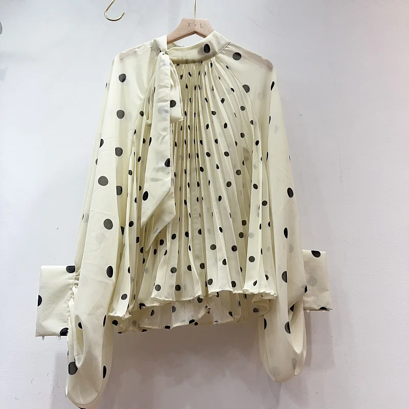 Neploe Chic Polka Dot Chiffon Shirt 2024 Autumn Femme High-End Western Style Light Mature French Niche Elegant Bandage Blouses