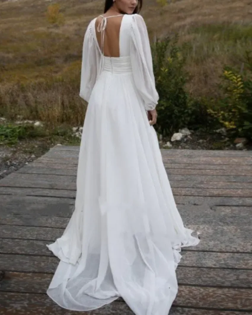 A-LineชีฟองสีขาวยาวพัฟแขนBackless Pleatชุดเจ้าสาวความยาวชั้นVestidos De Noviaชุดแต่งงานที่หรูหราผู้หญิง 2023