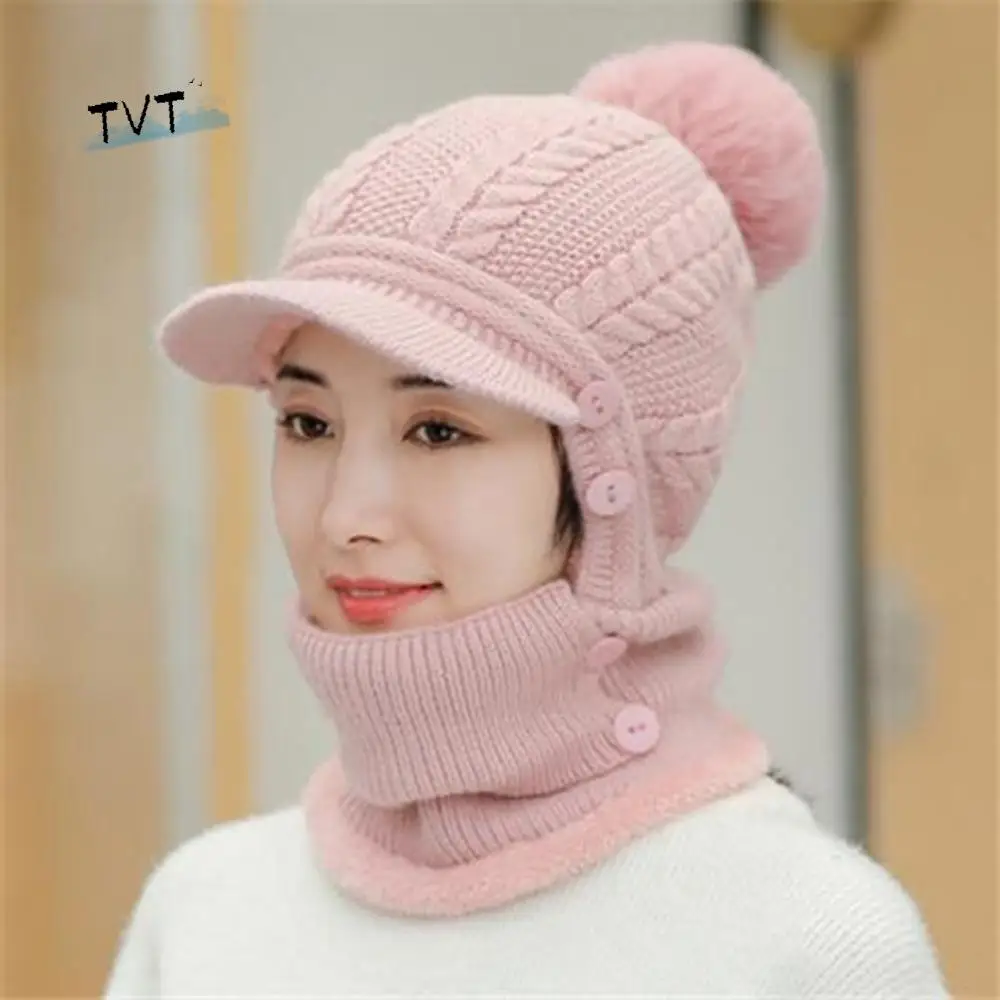 

Balaclava Hat Woolen Scarf Hat Set Face Mask Soft Knitted Hat Plush Thickened Hooded Thermal Cap Women