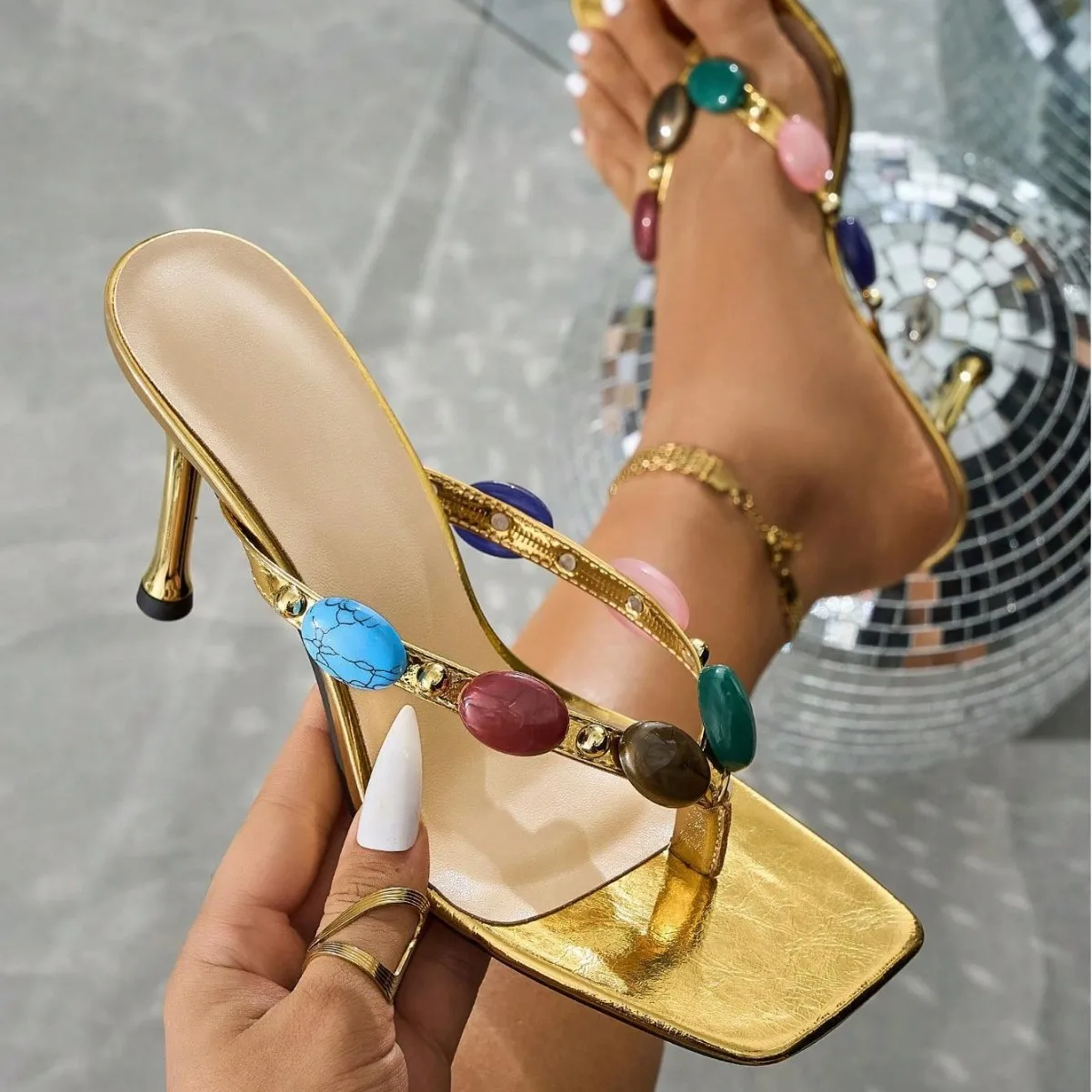 Women's Square Open Toe Metallic Gold Multi‑Color Gemstone Thong Strap Slip‑On Stiletto Heel Mule Sandals, Luxury Party Footwear